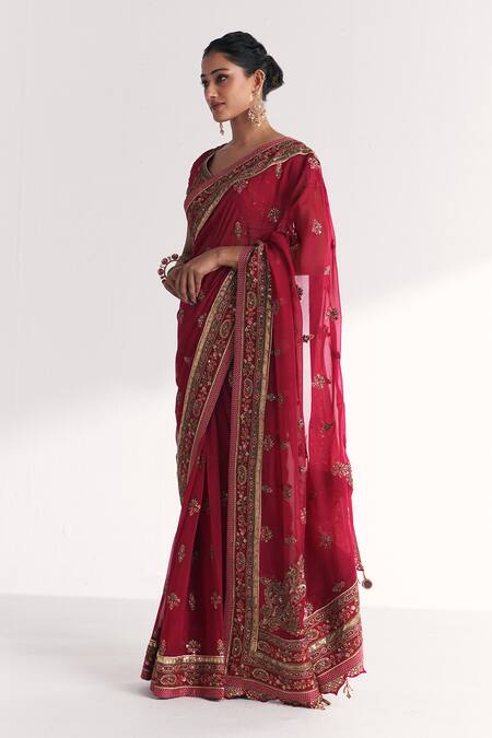 Studio Bagechaa_Magenta Organza, Silk Embroidery, Gota Patti, Gauri Pink Saree With Blouse _Online_at_Aza_Fashions