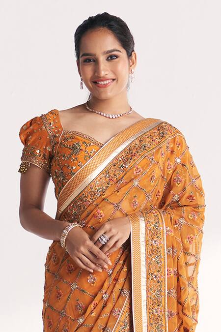 Studio Bagechaa_Yellow Georgette, Silk Embroidery, Mirrors, Kaira Mustard Saree With Blouse _Online_at_Aza_Fashions