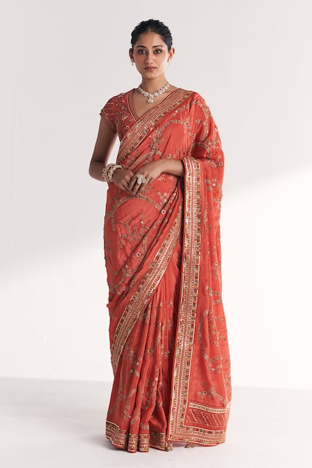 Studio Bagechaa Khwab Tangerine Embroidered Saree With Blouse 