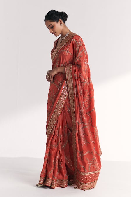 Studio Bagechaa Khwab Tangerine Embroidered Saree With Blouse 
