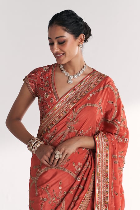 Buy_Studio Bagechaa_Orange Crepe, Silk Embroidery, Sequins, Zari, Khwab Tangerine Saree With Blouse _Online_at_Aza_Fashions