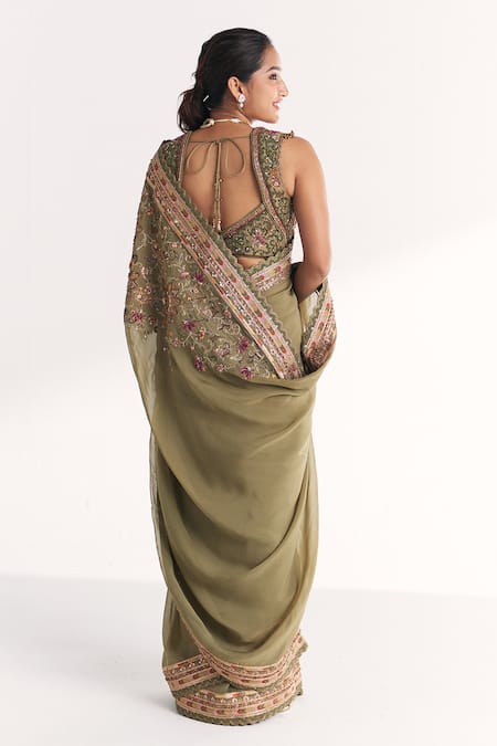 Studio Bagechaa Palak Green Embroidered Saree With Blouse