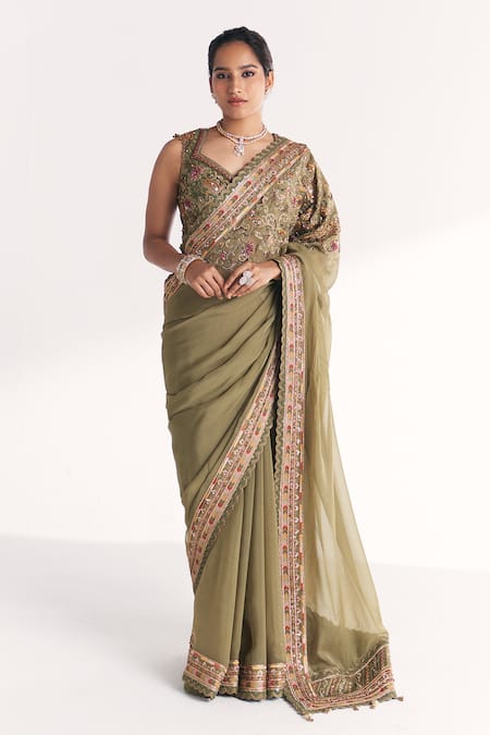 Studio Bagechaa Palak Green Embroidered Saree With Blouse