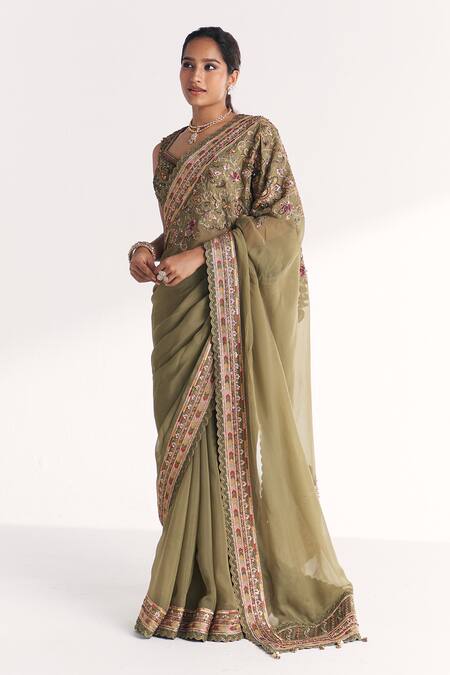 Studio Bagechaa Green Organza, Silk Embroidery, Zari, Stones, Beads Palak Saree With Blouse Online at Aza Fashions Studio Bagechaa_Green Organza, Silk Embroidery, Zari, Stones, Beads Palak Saree With Blouse _Online_at_Aza_Fashions