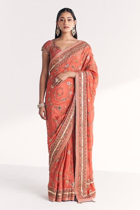 Studio Bagechaa Jannat Tangerine Embroidered Saree With Blouse 