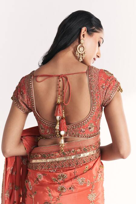 Studio Bagechaa_Orange Crepe, Silk Embroidery, Zari, Beads Jannat Tangerine Saree With Blouse _Online_at_Aza_Fashions