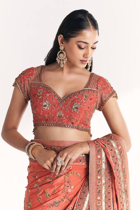 Buy_Studio Bagechaa_Orange Crepe, Silk Embroidery, Zari, Beads Jannat Tangerine Saree With Blouse _Online_at_Aza_Fashions