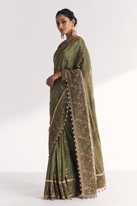 Studio Bagechaa_Green Crepe, Silk Embroidery, Sequins, Zari, Arzoo Saree Set With Koti Jacket _Online_at_Aza_Fashions