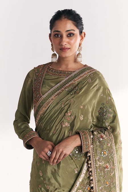 Shop_Studio Bagechaa_Green Crepe, Silk Embroidery, Sequins, Zari, Arzoo Saree Set With Koti Jacket _Online_at_Aza_Fashions