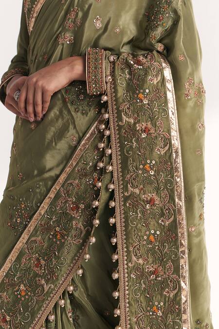 Studio Bagechaa_Green Crepe, Silk Embroidery, Sequins, Zari, Arzoo Saree Set With Koti Jacket _at_Aza_Fashions