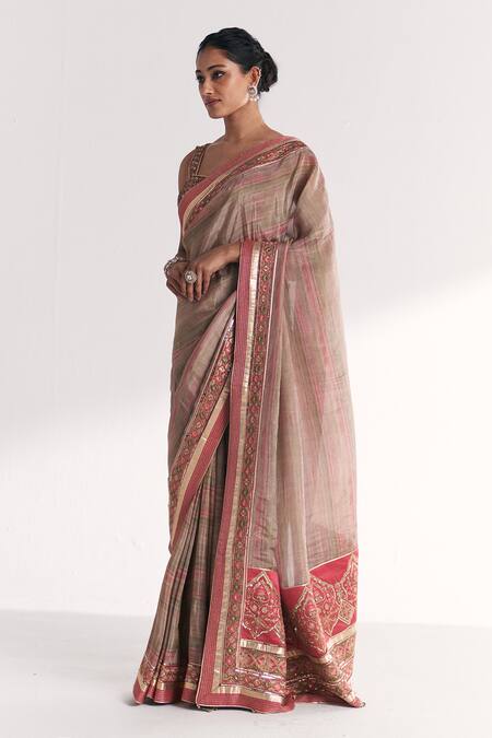 Studio Bagechaa_Pink Tissue, Silk Embroidery, Gota Patti, Sequins, Phoolbagh Saree With Blouse _Online_at_Aza_Fashions