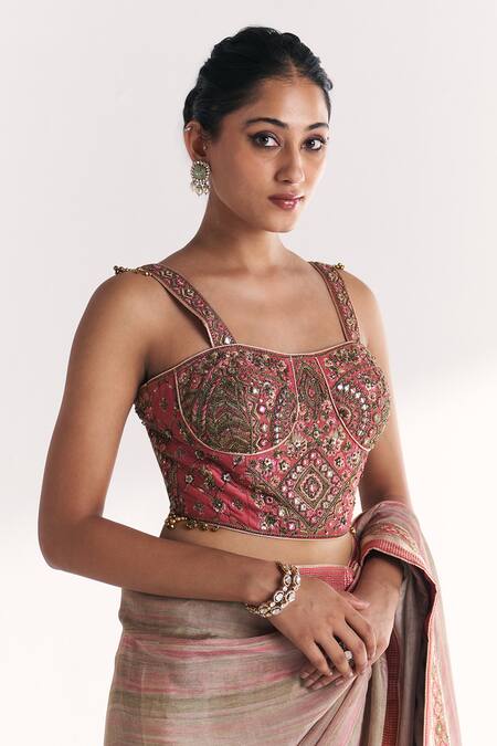 Buy_Studio Bagechaa_Pink Tissue, Silk Embroidery, Gota Patti, Sequins, Phoolbagh Saree With Blouse _Online_at_Aza_Fashions