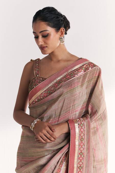 Shop_Studio Bagechaa_Pink Tissue, Silk Embroidery, Gota Patti, Sequins, Phoolbagh Saree With Blouse _Online_at_Aza_Fashions