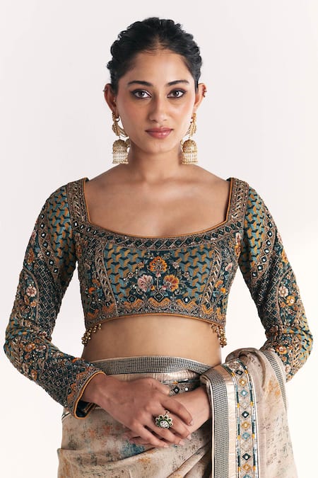 Studio Bagechaa_Beige Tissue, Silk Embroidery, Sequins, Zari, Gitanjali Blue Saree With Blouse _Online_at_Aza_Fashions