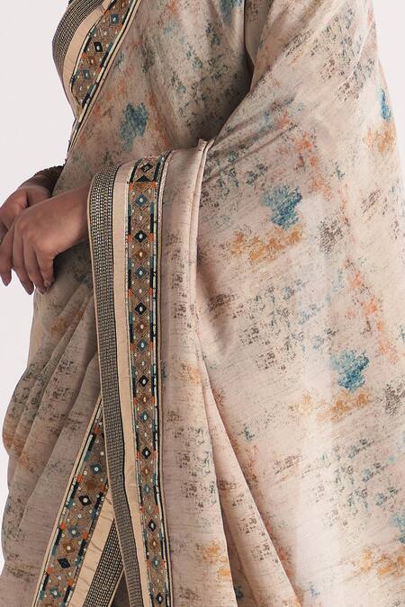 Buy_Studio Bagechaa_Beige Tissue, Silk Embroidery, Sequins, Zari, Gitanjali Blue Saree With Blouse _Online_at_Aza_Fashions