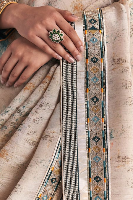 Shop_Studio Bagechaa_Beige Tissue, Silk Embroidery, Sequins, Zari, Gitanjali Blue Saree With Blouse _Online_at_Aza_Fashions