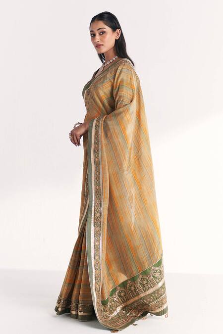 Studio Bagechaa Multi Color Tissue, Doriya, Silk Embroidery, Morni Green Saree With Blouse Online at Aza Fashions Studio Bagechaa_Multi Color Tissue, Doriya, Silk Embroidery, Morni Green Saree With Blouse _Online_at_Aza_Fashions