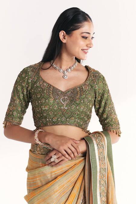 Shop Studio Bagechaa Multi Color Tissue, Doriya, Silk Embroidery, Morni Green Saree With Blouse Online at Aza Fashions Shop_Studio Bagechaa_Multi Color Tissue, Doriya, Silk Embroidery, Morni Green Saree With Blouse _Online_at_Aza_Fashions