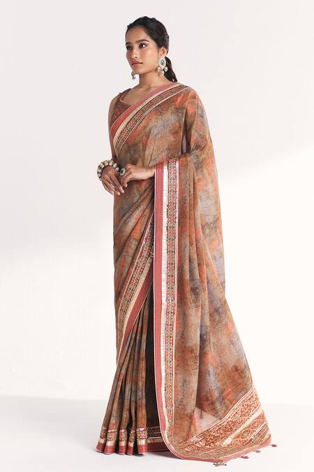 Studio Bagechaa_Orange Tissue, Silk Zari, Embroidery, Tassels, Phulwari Saree With Blouse _Online_at_Aza_Fashions