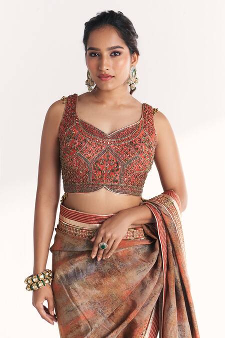 Shop_Studio Bagechaa_Orange Tissue, Silk Zari, Embroidery, Tassels, Phulwari Saree With Blouse _Online_at_Aza_Fashions