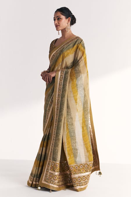 Studio Bagechaa_Green Tissue, Silk Embroidery, Zari, Stones, Kusum Lime Saree With Blouse _Online_at_Aza_Fashions