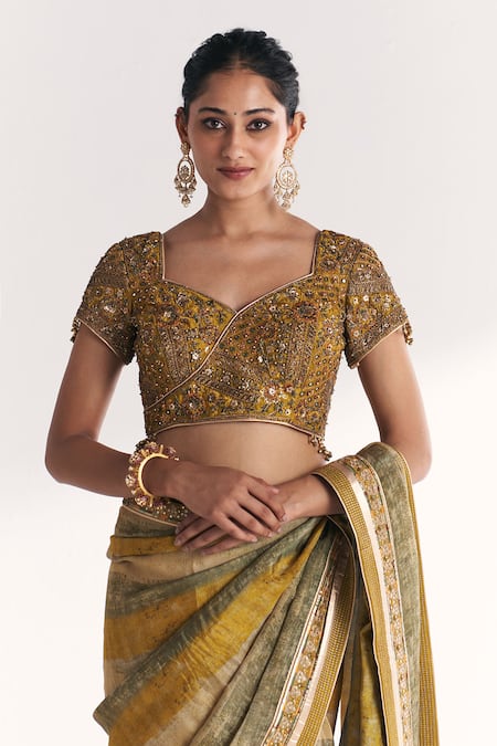 Buy_Studio Bagechaa_Green Tissue, Silk Embroidery, Zari, Stones, Kusum Lime Saree With Blouse _Online_at_Aza_Fashions