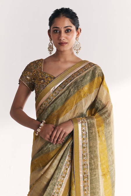 Shop_Studio Bagechaa_Green Tissue, Silk Embroidery, Zari, Stones, Kusum Lime Saree With Blouse _Online_at_Aza_Fashions