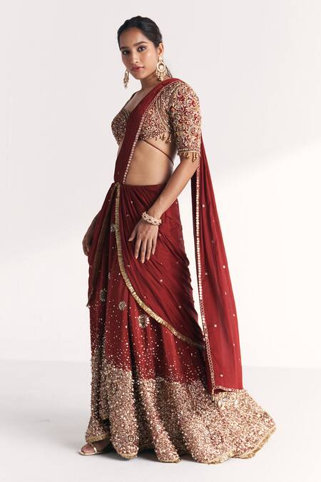 Studio Bagechaa_Maroon Crepe, Chiffon Embroidery, Naveli Pre-stitched Saree With Blouse _Online_at_Aza_Fashions