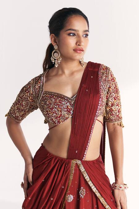 Buy_Studio Bagechaa_Maroon Crepe, Chiffon Embroidery, Naveli Pre-stitched Saree With Blouse _Online_at_Aza_Fashions