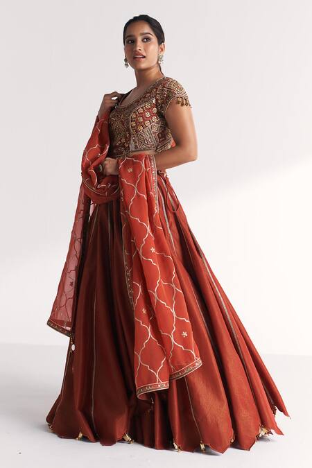 Buy_Studio Bagechaa_Orange Viscose, Silk, Tissue, Organza Embroidery, Beads, Padma Rust Lehenga Set _Online_at_Aza_Fashions