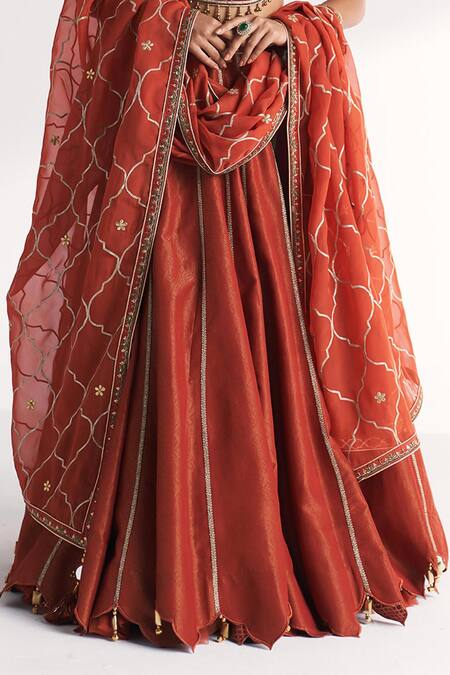 Studio Bagechaa_Orange Viscose, Silk, Tissue, Organza Embroidery, Beads, Padma Rust Lehenga Set _at_Aza_Fashions