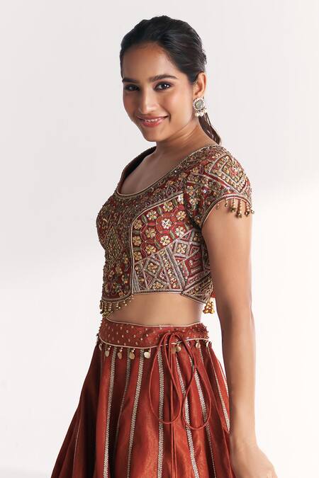 Buy_Studio Bagechaa_Orange Viscose, Silk, Tissue, Organza Embroidery, Beads, Padma Rust Lehenga Set 