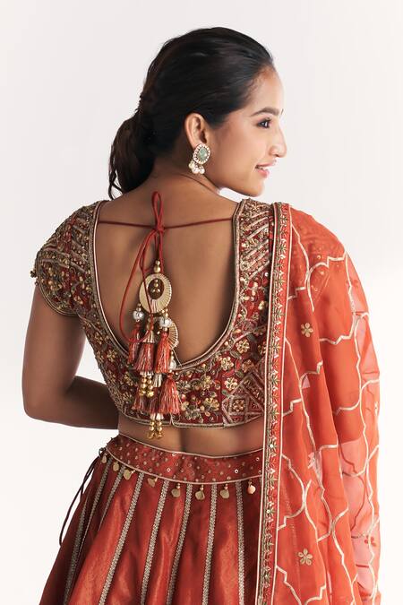 Shop_Studio Bagechaa_Orange Viscose, Silk, Tissue, Organza Embroidery, Beads, Padma Rust Lehenga Set 