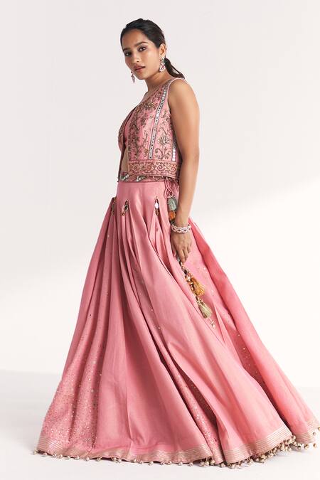 Studio Bagechaa Pink Silk, Tissue Embroidery, Mirrors, Tassels, Gota Kimaya Jacket Lehenga Set Online at Aza Fashions Studio Bagechaa_Pink Silk, Tissue Embroidery, Mirrors, Tassels, Gota Kimaya Jacket Lehenga Set _Online_at_Aza_Fashions