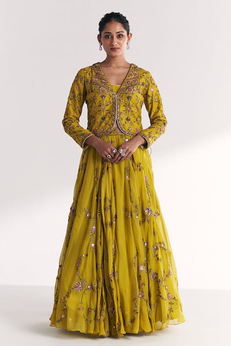 Studio Bagechaa Kairi Lime Green Embroidered Jacket Lehenga Set 