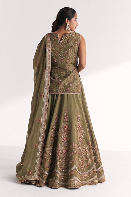 Studio Bagechaa Chandni Green Embroidered Kurta Lehenga Set 