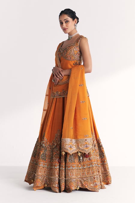 Studio Bagechaa Yellow Silk, Organza Embroidery, Tassels, Beads, Mor Mustard Kurta Lehenga Set Online at Aza Fashions Studio Bagechaa_Yellow Silk, Organza Embroidery, Tassels, Beads, Mor Mustard Kurta Lehenga Set _Online_at_Aza_Fashions