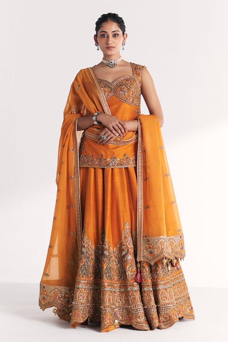 Studio Bagechaa Mor Mustard Embroidered Kurta Lehenga Set 