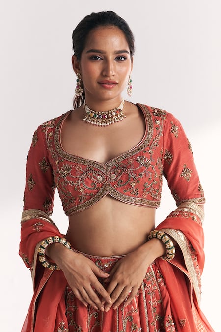 Shop Studio Bagechaa Orange Silk , Shantoon, Embroidery, Kesar Tangerine Lehenga Set Online at Aza Fashions Shop_Studio Bagechaa_Orange Silk , Shantoon, Embroidery, Kesar Tangerine Lehenga Set _Online_at_Aza_Fashions