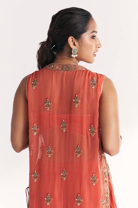 Buy_Studio Bagechaa_Orange Organza, Organza, Embroidery, Malang Tangerine Jacket Pant Set _Online_at_Aza_Fashions
