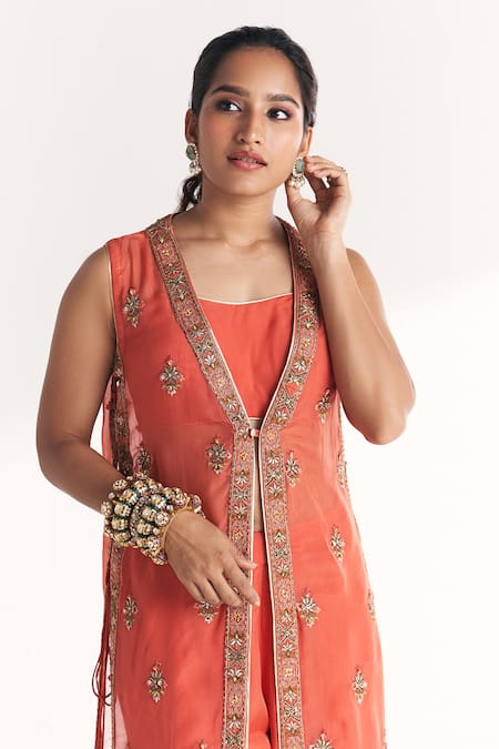 Shop_Studio Bagechaa_Orange Organza, Organza, Embroidery, Malang Tangerine Jacket Pant Set _Online_at_Aza_Fashions