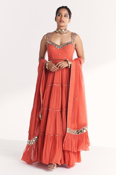 Studio Bagechaa Safar Tangerine Embroidered Anarkali With Dupatta 