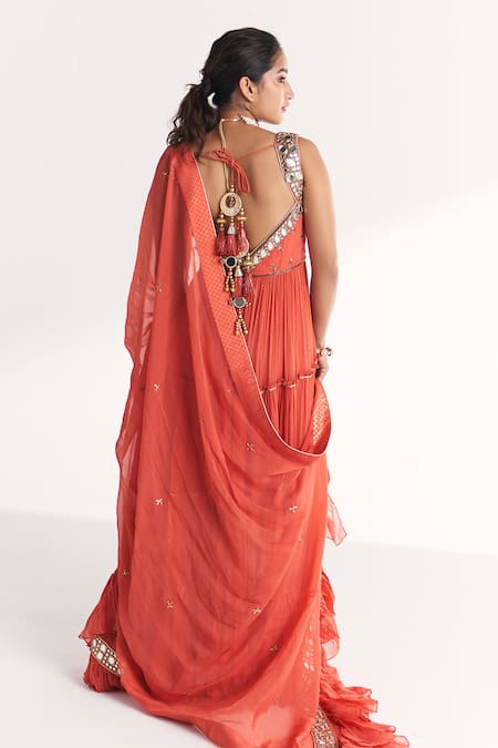 Studio Bagechaa Safar Tangerine Embroidered Anarkali With Dupatta 