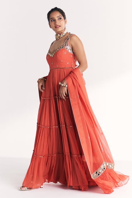 Studio Bagechaa Orange Georgette Mirrors, Embroidery, Safar Tangerine Anarkali With Dupatta Online at Aza Fashions Studio Bagechaa_Orange Georgette Mirrors, Embroidery, Safar Tangerine Anarkali With Dupatta _Online_at_Aza_Fashions