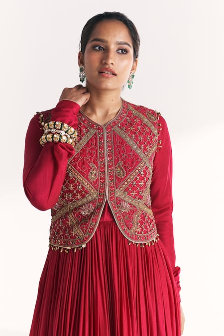 Buy Studio Bagechaa Magenta Silk Embroidery, Zari, Sequins, Beads Pakhi Anarkali With Koti Jacket Online at Aza Fashions Buy_Studio Bagechaa_Magenta Silk Embroidery, Zari, Sequins, Beads Pakhi Anarkali With Koti Jacket _Online_at_Aza_Fashions