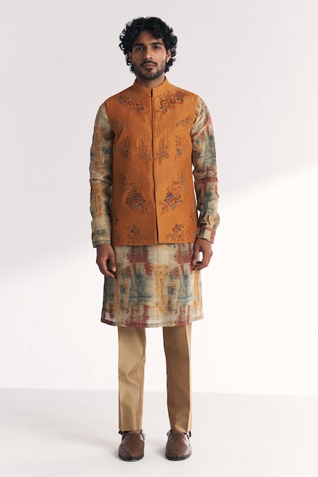 Studio Bagechaa Janak Mustard Embroidered Nehru Jacket Set 