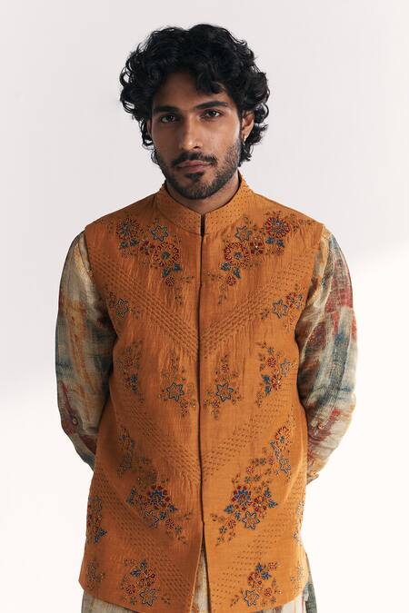 Buy_Studio Bagechaa_Yellow Tissue, Organza, Chanderi Embroidery, Janak Mustard Nehru Jacket Set _Online_at_Aza_Fashions