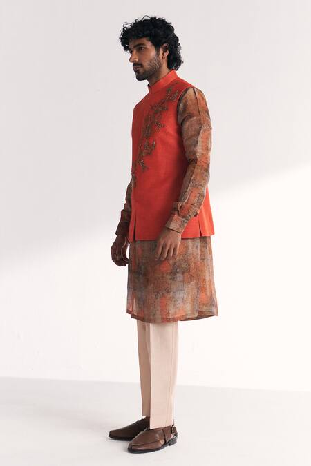 Studio Bagechaa_Orange Linen, Satin, Tissue, Organza, Chandan Tangerine Nehru Jacket Set _Online_at_Aza_Fashions