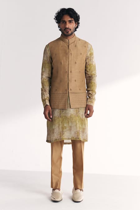Studio Bagechaa_Brown Linen, Satin, Tissue, Organza, Chanderi Dilawar Green Nehru Jacket Set _Online_at_Aza_Fashions