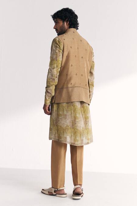 Buy_Studio Bagechaa_Brown Linen, Satin, Tissue, Organza, Chanderi Dilawar Green Nehru Jacket Set _Online_at_Aza_Fashions